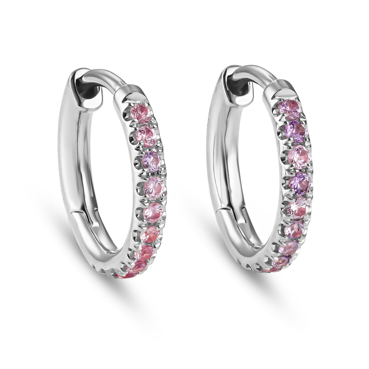 A pair of small gold hoop earrings with purpule and pinkish sapphires
 accents from carati jewelry 14k 18 k montreal canada