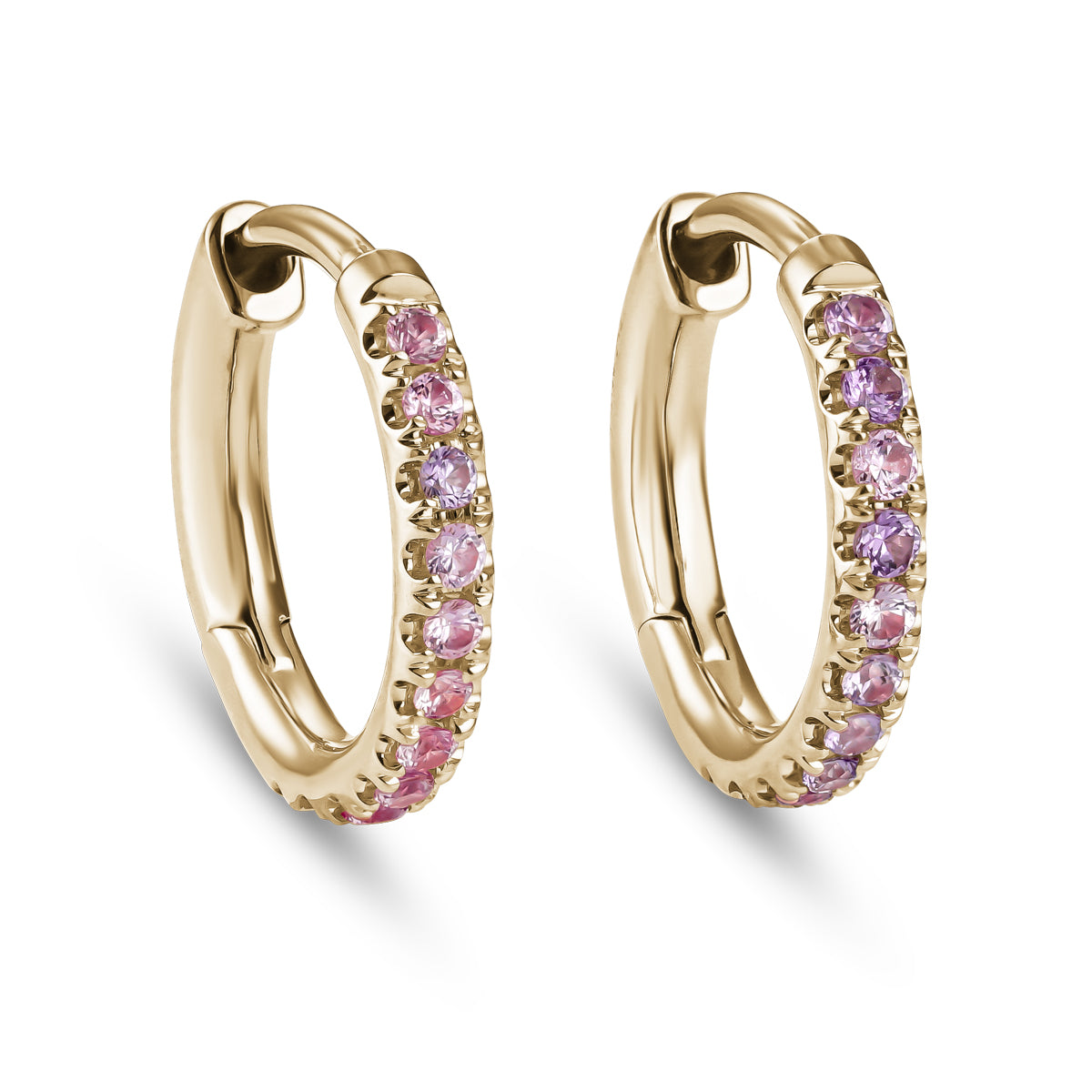A pair of small gold hoop earrings with purpule and pinkish sapphires
 accents from carati jewelry 14k 18 k montreal canada