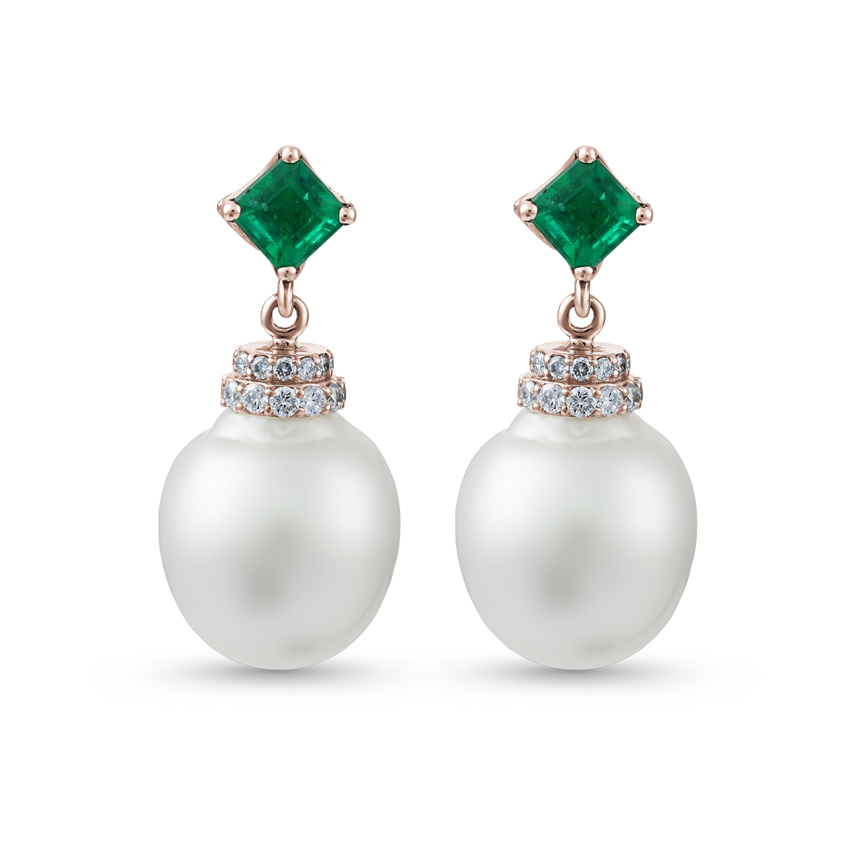 oceane earrings with natural south sea perals and emerald on top esigned by carati jewelry montreal canada 18 k 14 k