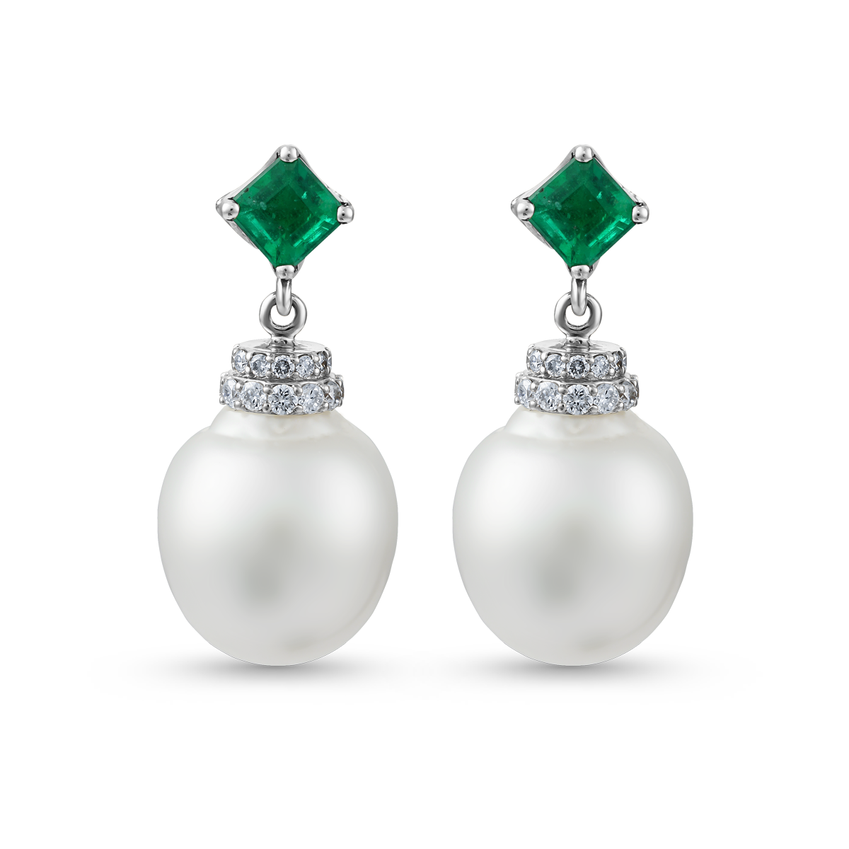 oceane earrings with natural south sea perals and emerald on top esigned by carati jewelry montreal canada 18 k 14 k