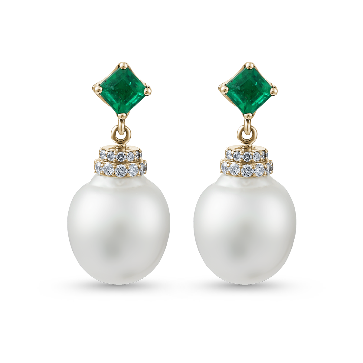 oceane earrings with natural south sea perals and emerald on top esigned by carati jewelry montreal canada 18 k 14 k