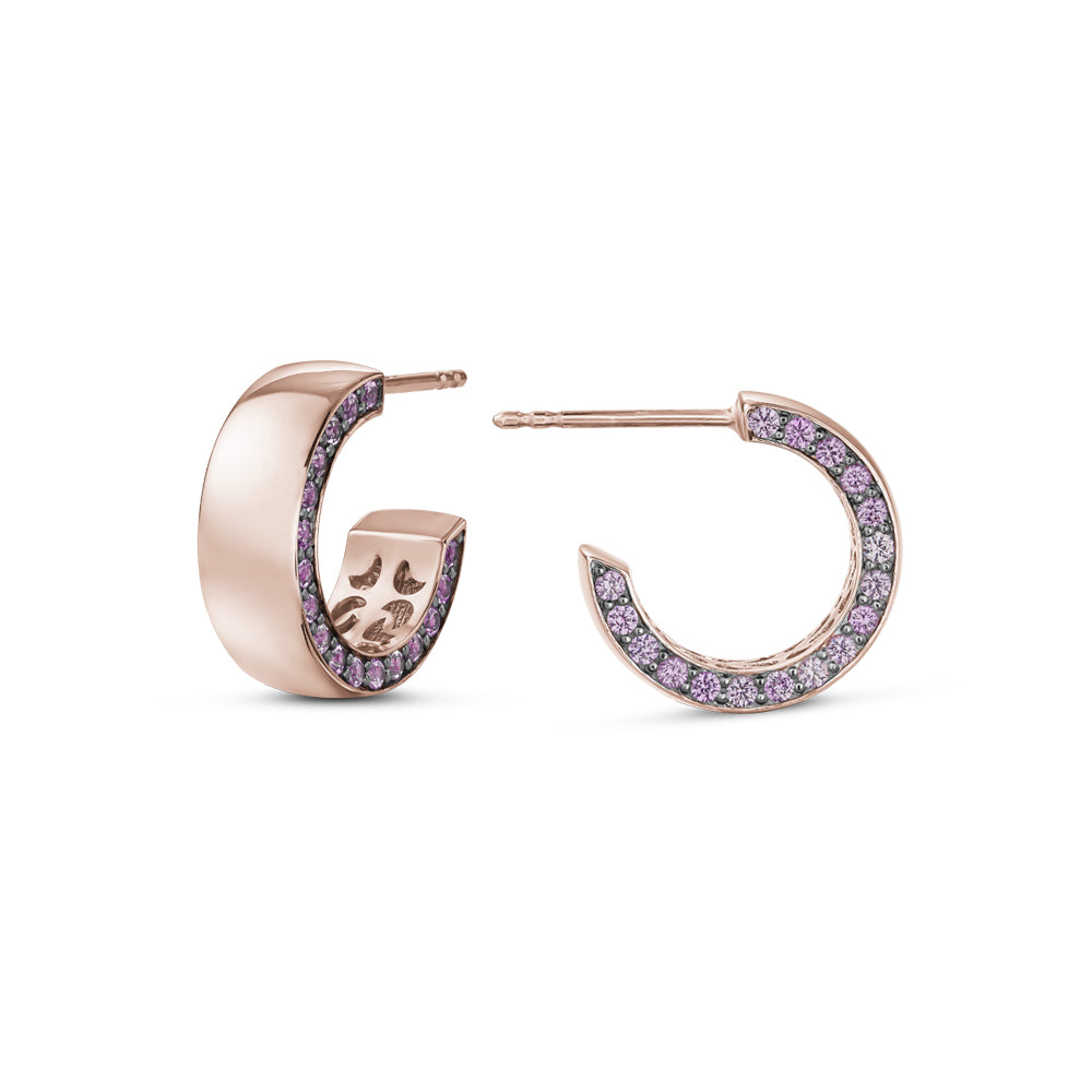 14 k rose gold earring pave set with pink sapphires on one side designed by carati jewelry montreal