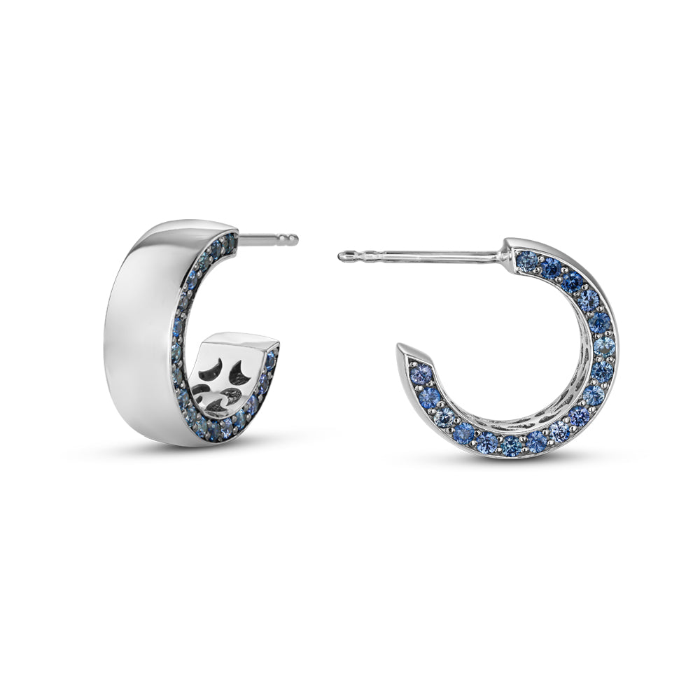 14 k white gold earring pave set with blue sapphires on one side designed by carati jewelry montreal
