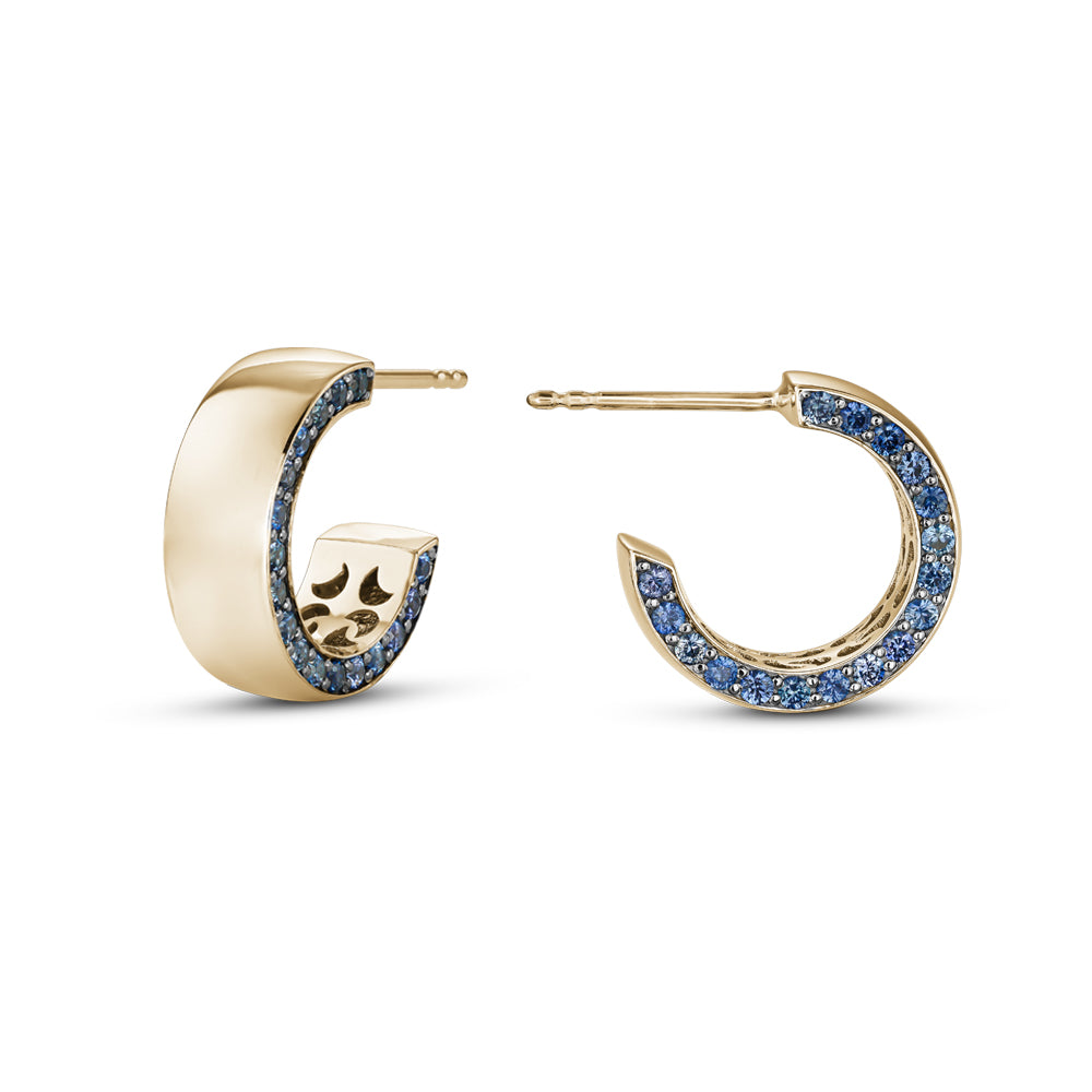 14 k yellow gold earring pave set with blue sapphires on one side designed by carati jewelry montreal