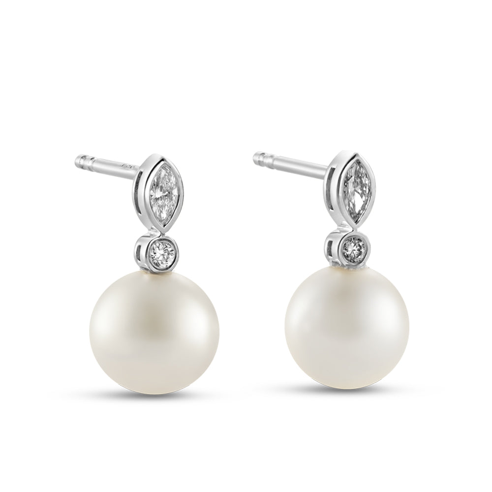Canadian made 14 k 18 k white gold Akoya pearl earring accent by marquise and round diamond Carati jewelry montreal