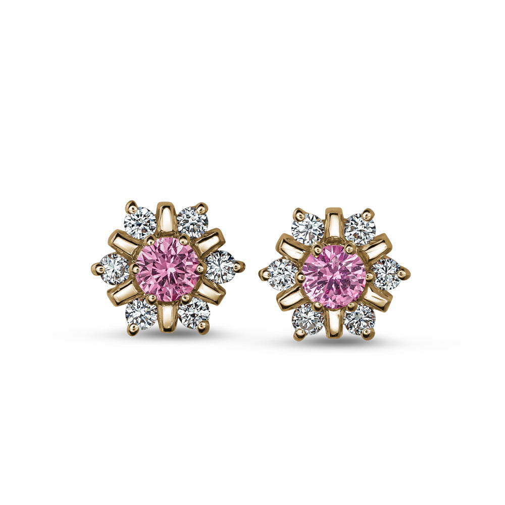 18 K yellow GOLD snowflake design set center a pink  sapphire and surrounded in diamonds carati jewelry montreal