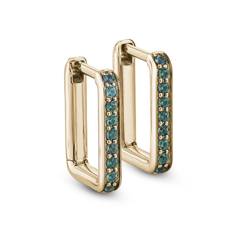 CANADIAN MADE in 14 k yellow gold Rectangular Hoop Silhouette Set in Greenish Sapphiresfrom carati jewelry montreal