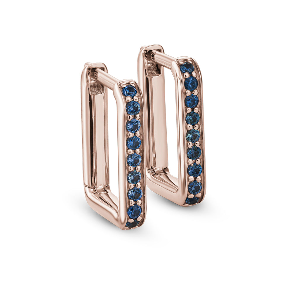 CANADIAN MADE IN 14K ROSE GOLD Rectangular Hoop Silhouette Set in Montana Sapphires CARATI JEWELRY MONTREAL
