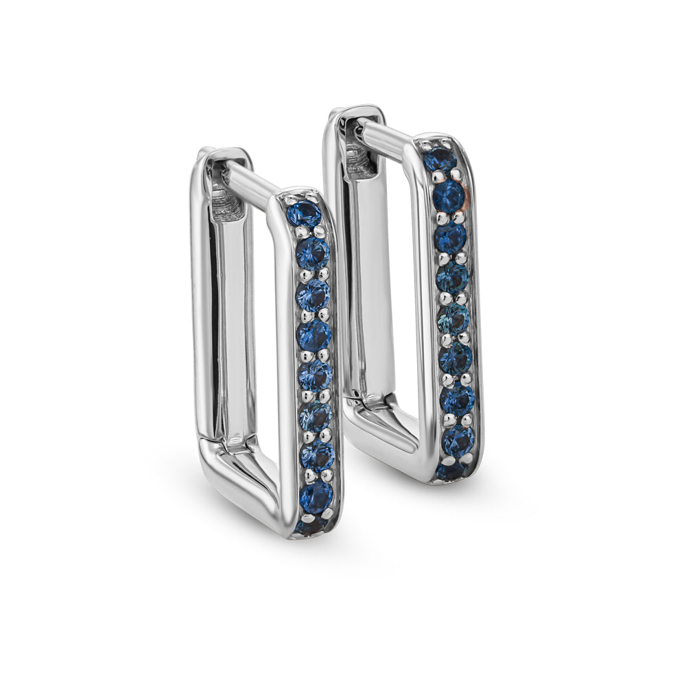 CANADIAN MADE IN 14 K WHITE GOLD Rectangular Hoop Silhouette Set in Montana Sapphires CARATI JEWELRY MONTREAL