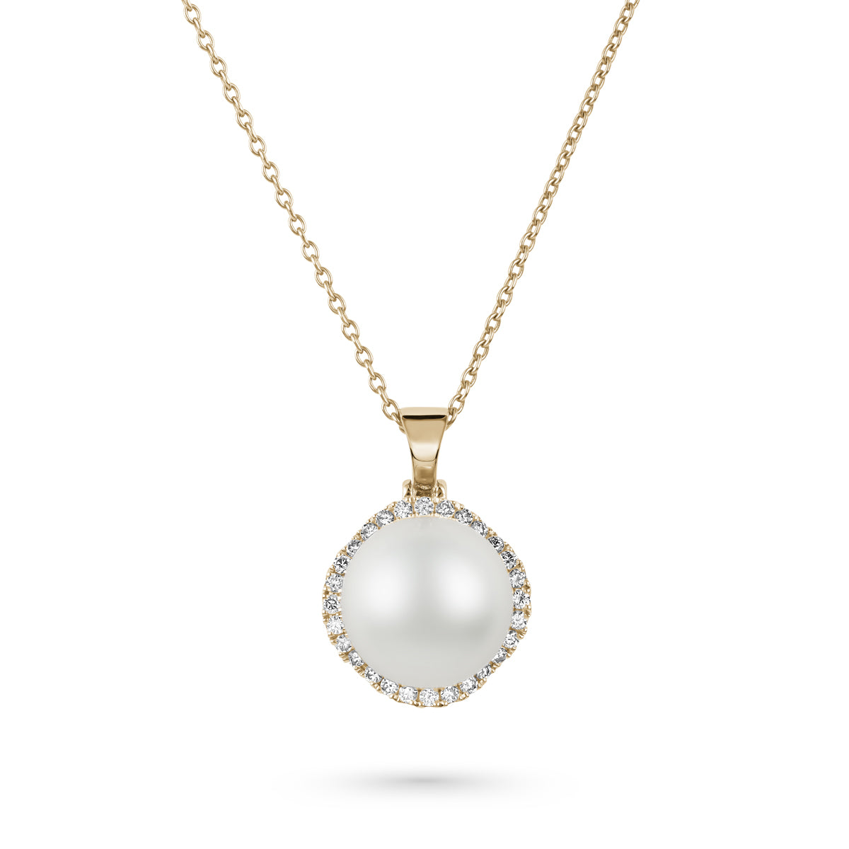 A natural pearl pendant with petal design nested within a circle of sparkling diamonds, mounted on a rose gold chain sophisticated spark designed by carati jewelry in montreal canada in 18 k 14 k 
