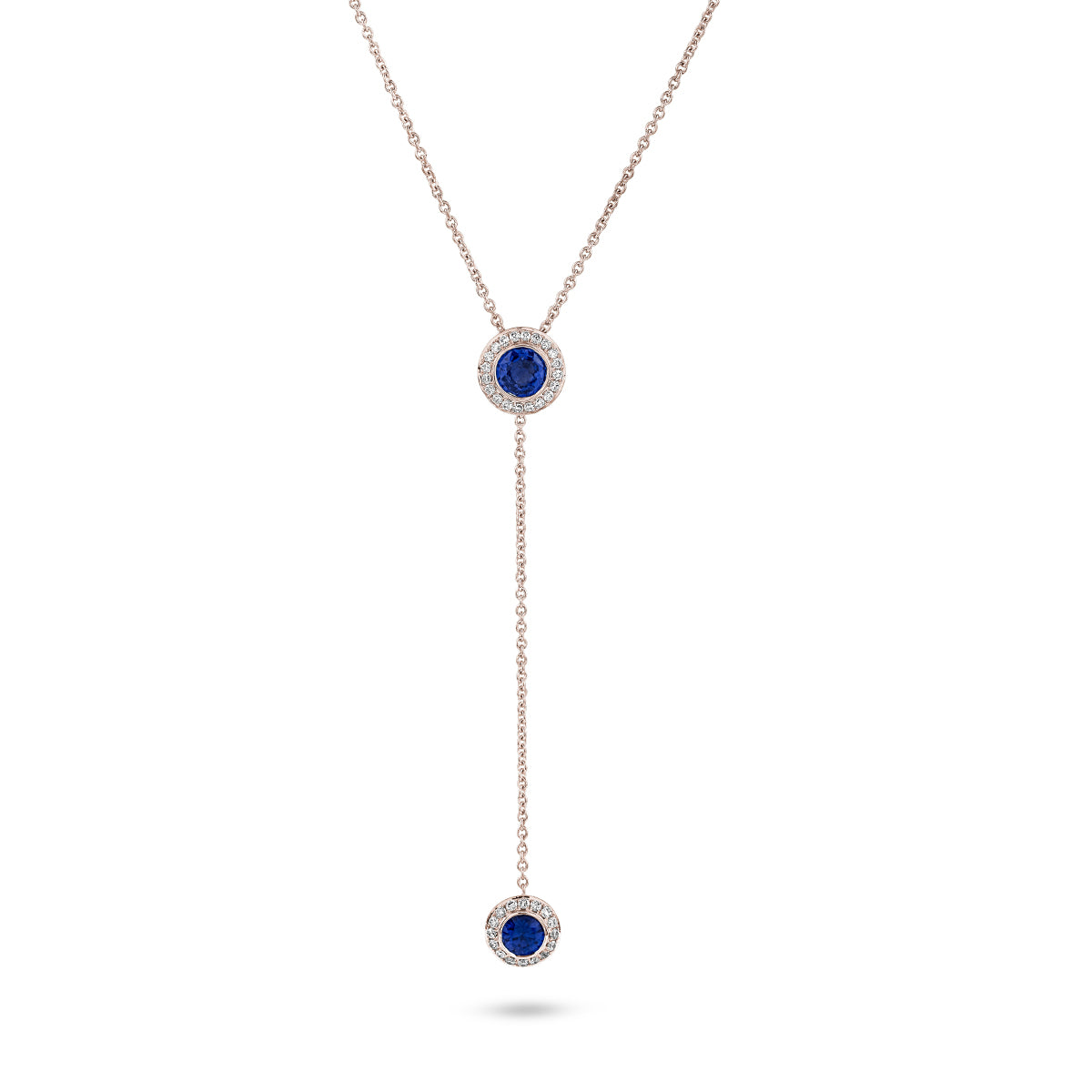 Royal Harmony Lariat Pendant With 2 Royal blue sapphires set pave all around designed by carati jewelry in montreal canada 14 k 18k