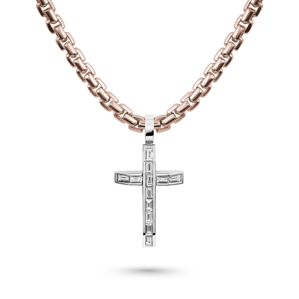 Shield your soul cross set in baguettes is designed by carati jewelry in montreal canada 18 k 14 k in rounded box chain 