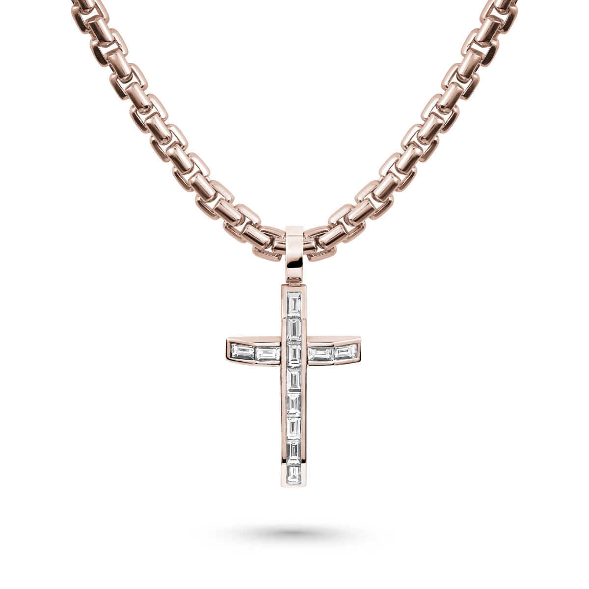 Shield your soul cross set in baguettes is designed by carati jewelry in montreal canada 18 k 14 k in rounded box chain 