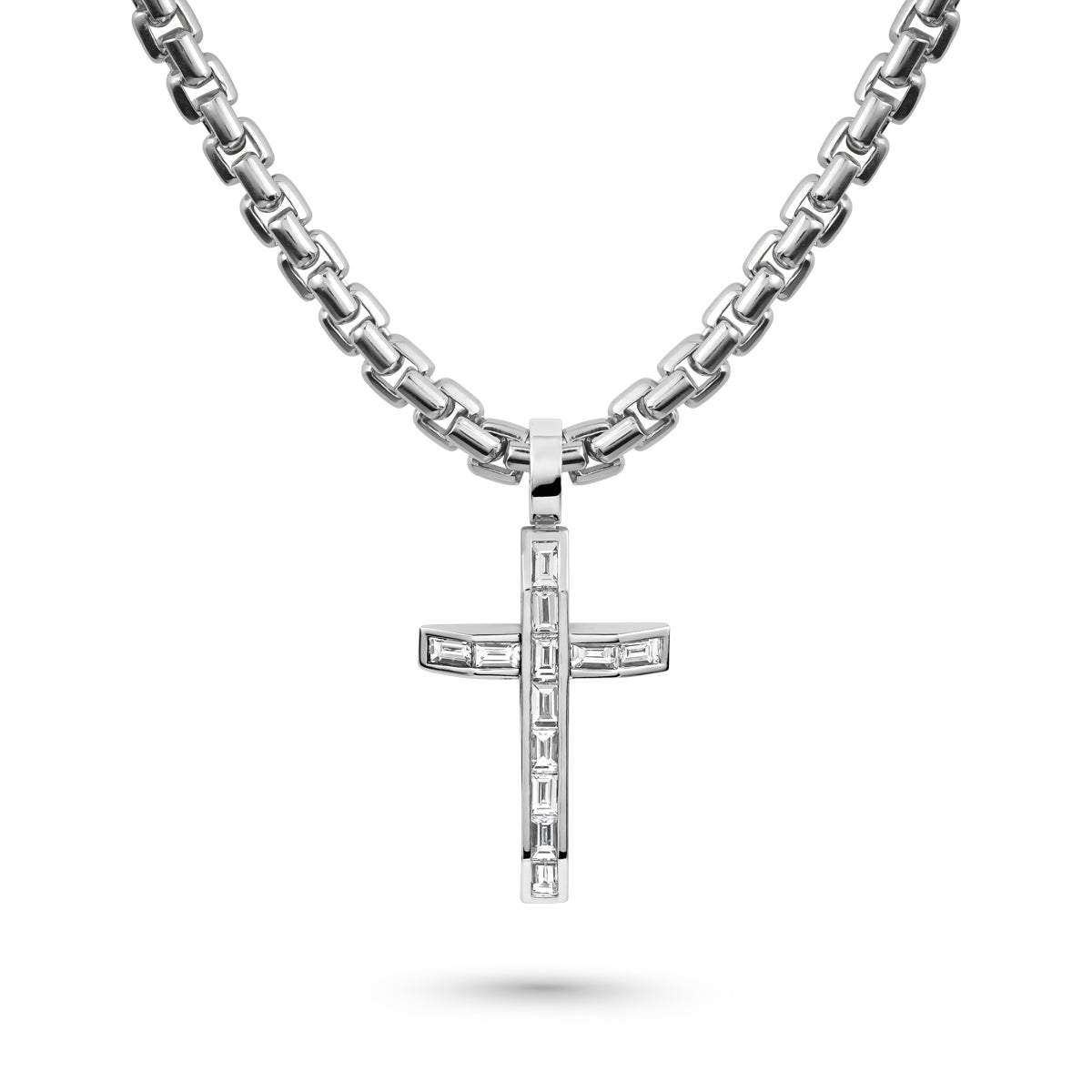 Shield your soul cross set in baguettes is designed by carati jewelry in montreal canada 18 k 14 k in rounded box chain 