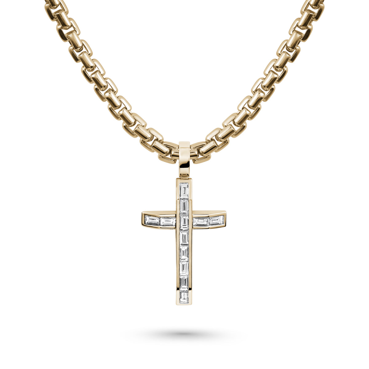 Shield your soul cross set in baguettes is designed by carati jewelry in montreal canada 18 k 14 k in rounded box chain 