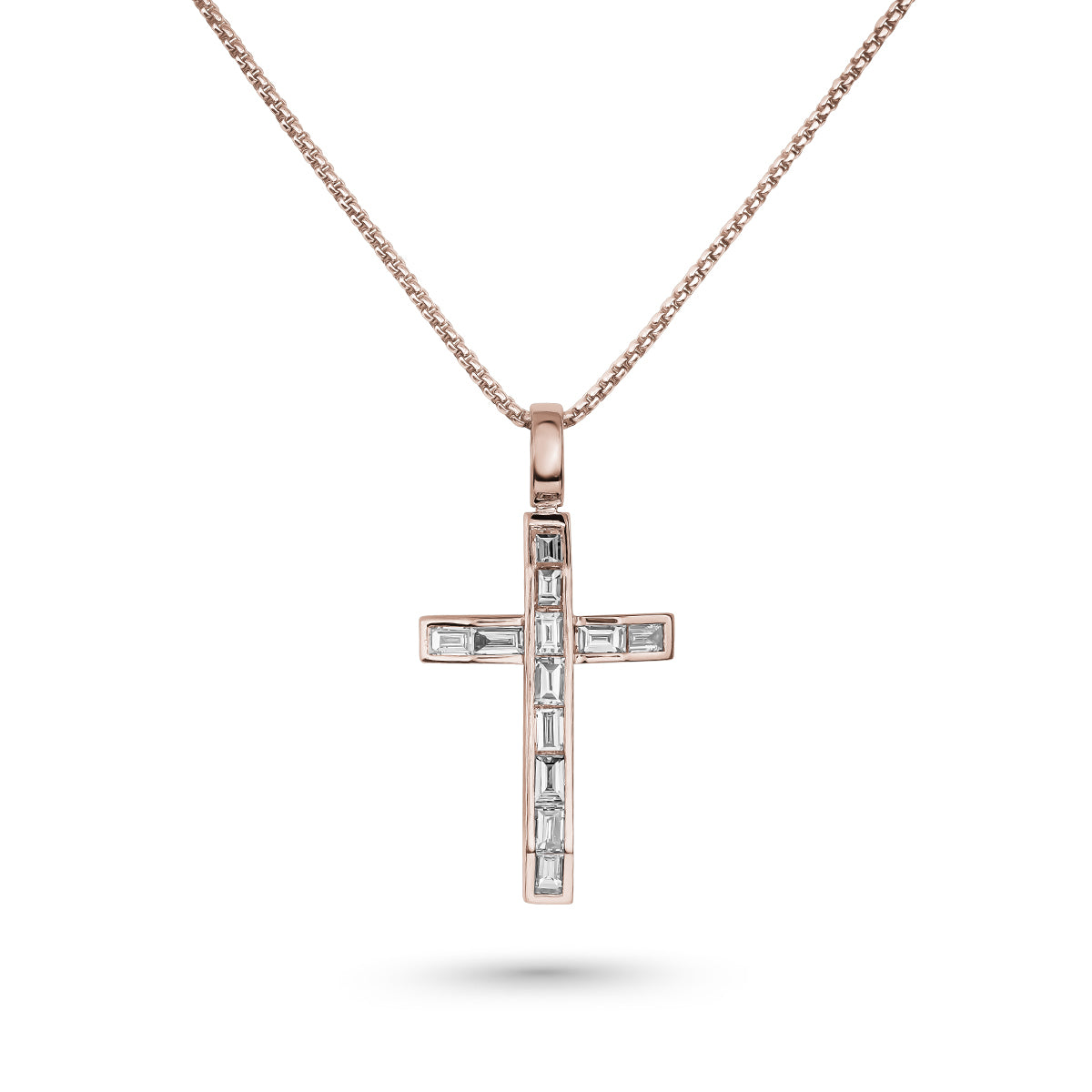 Shield your soul cross smaller size set in baguettes is designed by carati jewelry in montreal canada 18 k 14 k in rounded box chain 