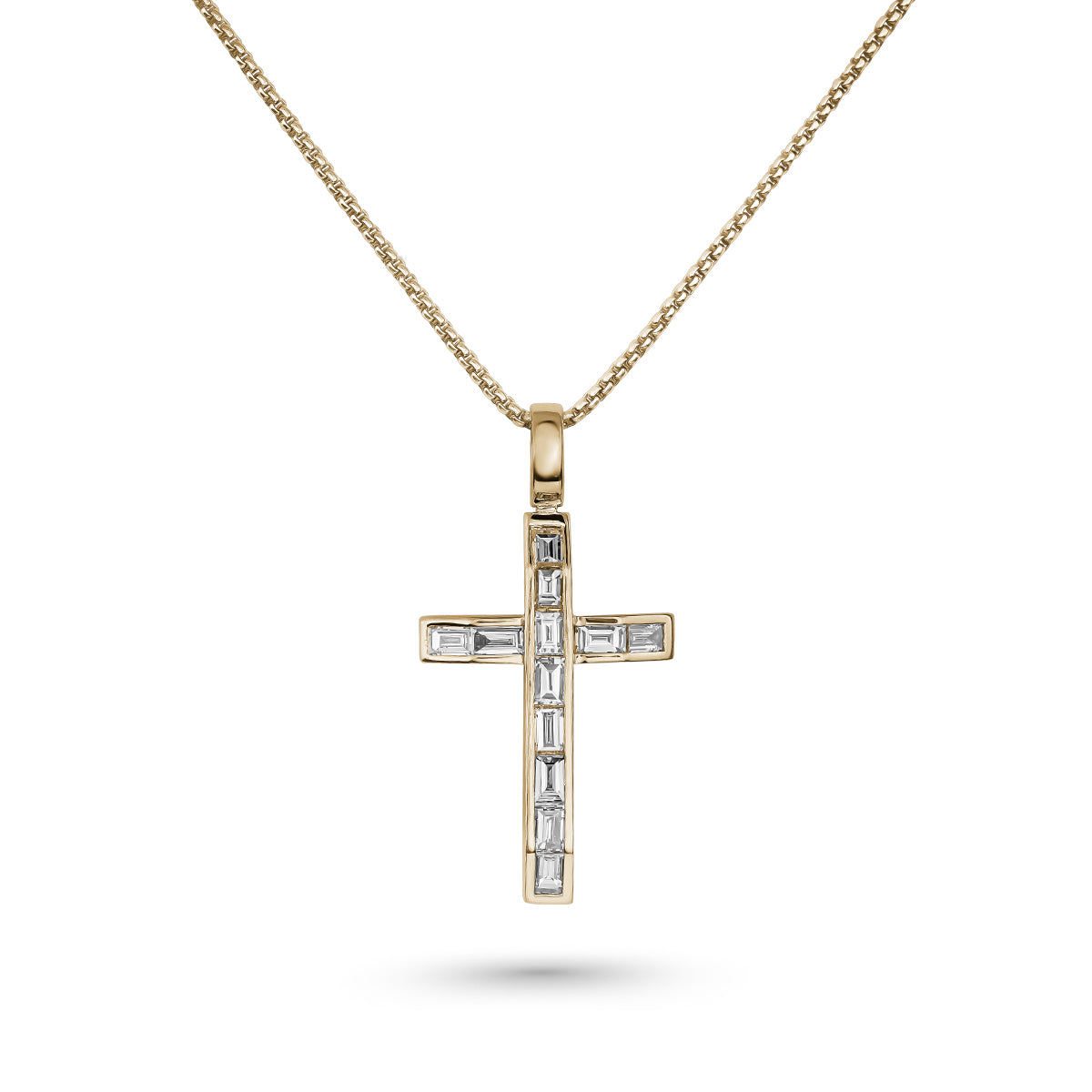 Shield your soul cross smaller size set in baguettes is designed by carati jewelry in montreal canada 18 k 14 k in rounded box chain 