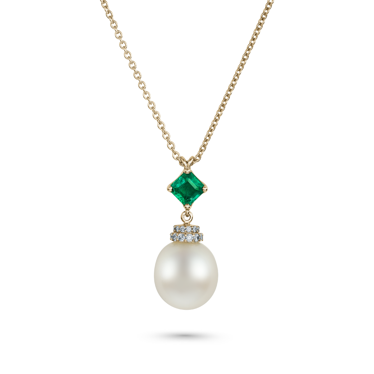 oceane pendant with natural south sea perals and emerald on top esigned by carati jewelry montreal canada 18 k 14 k