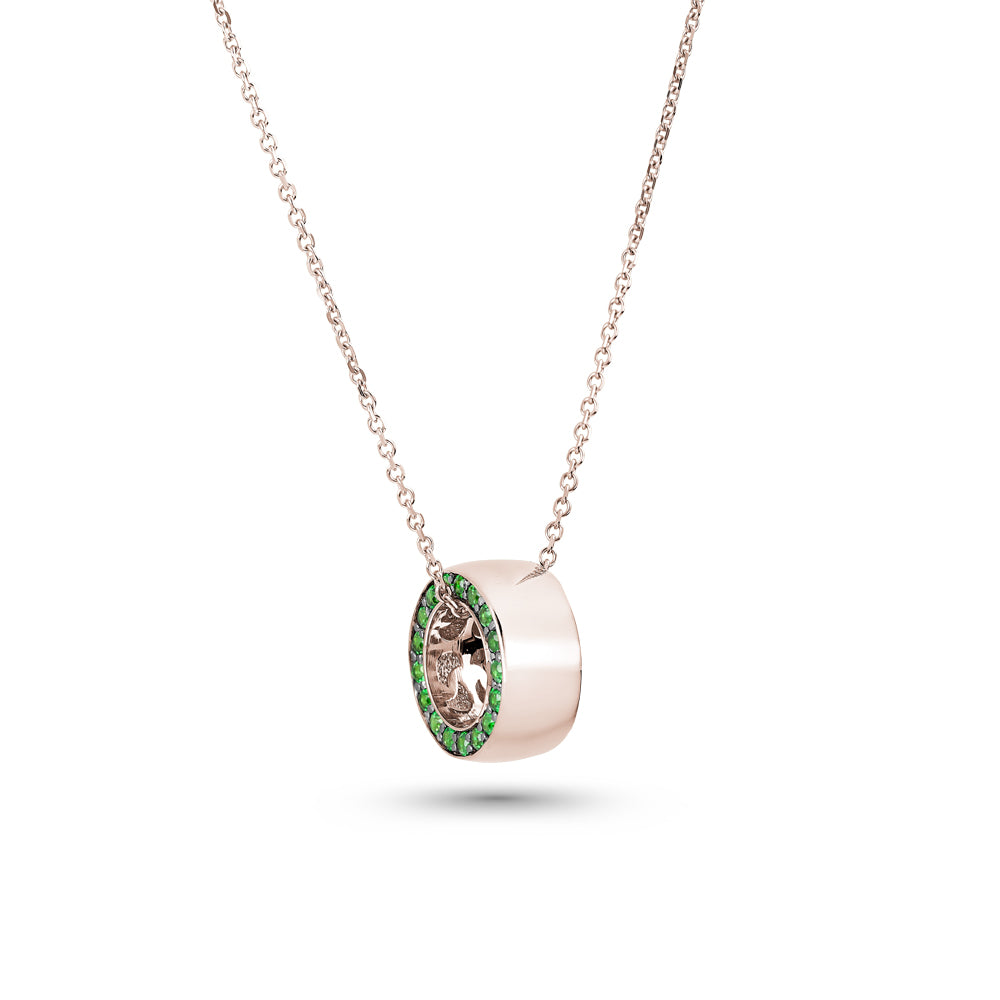 14 k pendant in rose gold pave set with tsavorites on both sides  eclipse collection designed by carati jewelry montreal