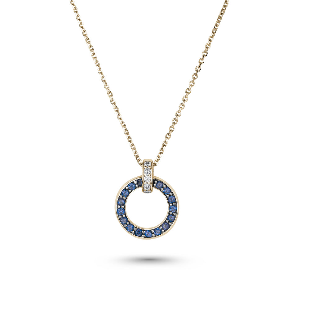 14 k pendant in yellow gold pave set with blue sapphires and diamonds eclipse collection designed by carati jewelry montreal