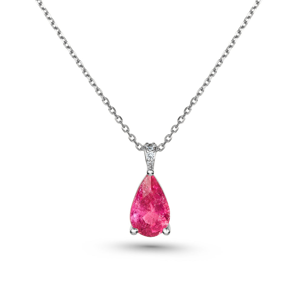 14k and 18k white gold pendant pear shaped rubellite with diamonds on bail Carati Jewelry Montreal
