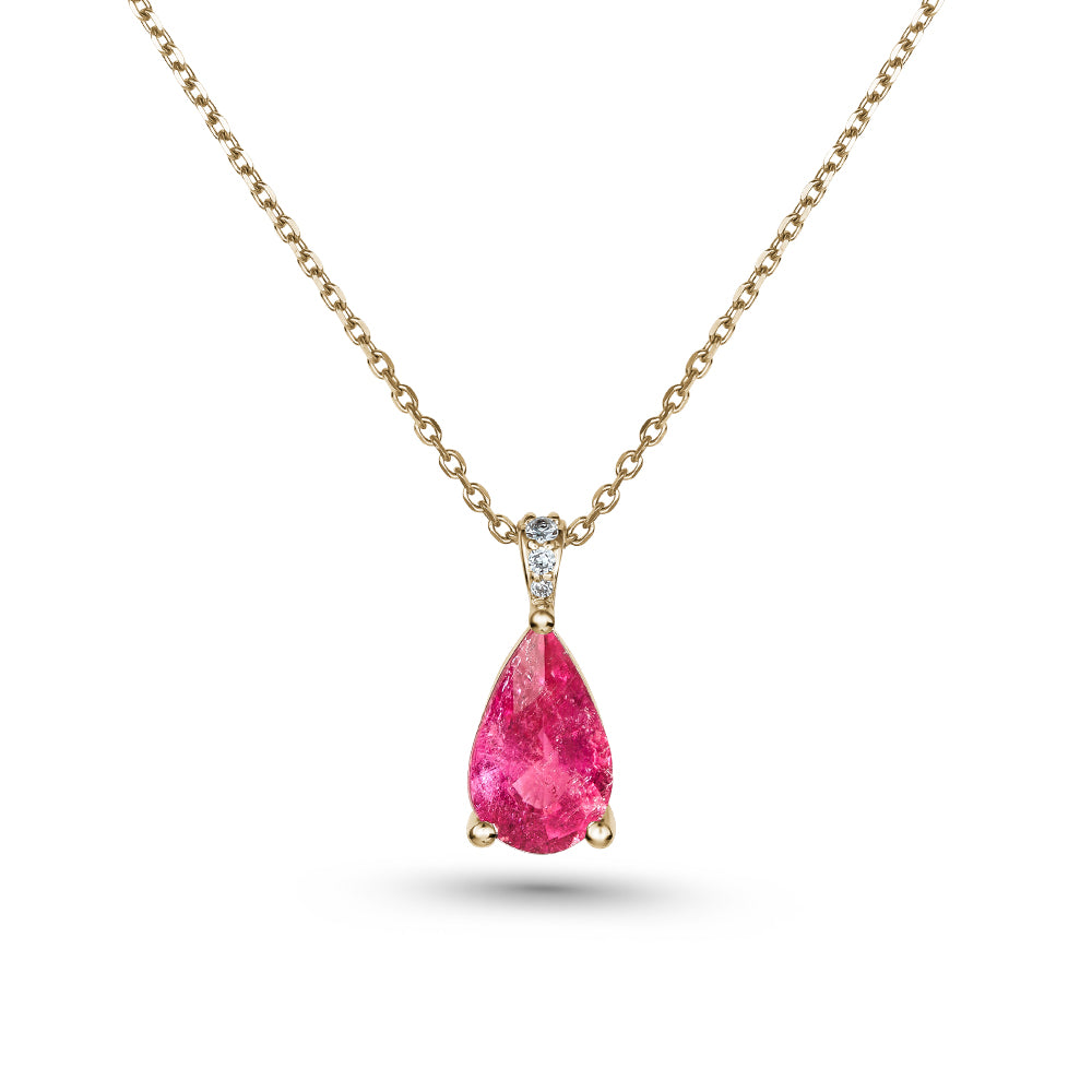 14k and 18k yellow gold pendant pear shaped rubellite with diamonds on bail Carati Jewelry Montreal