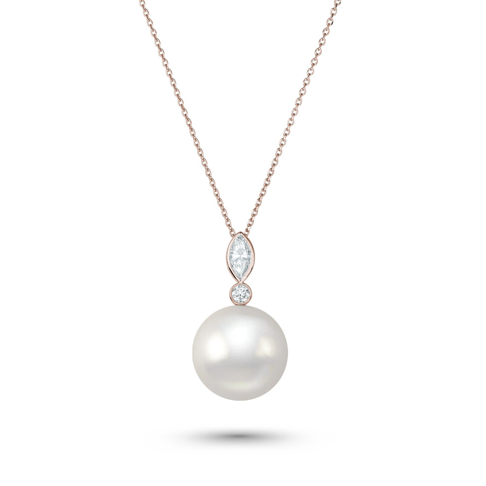 Canadian made 14 k 18 k rose gold Akoya pearl pendant accent by marquise and round diamond Carati jewelry montreal