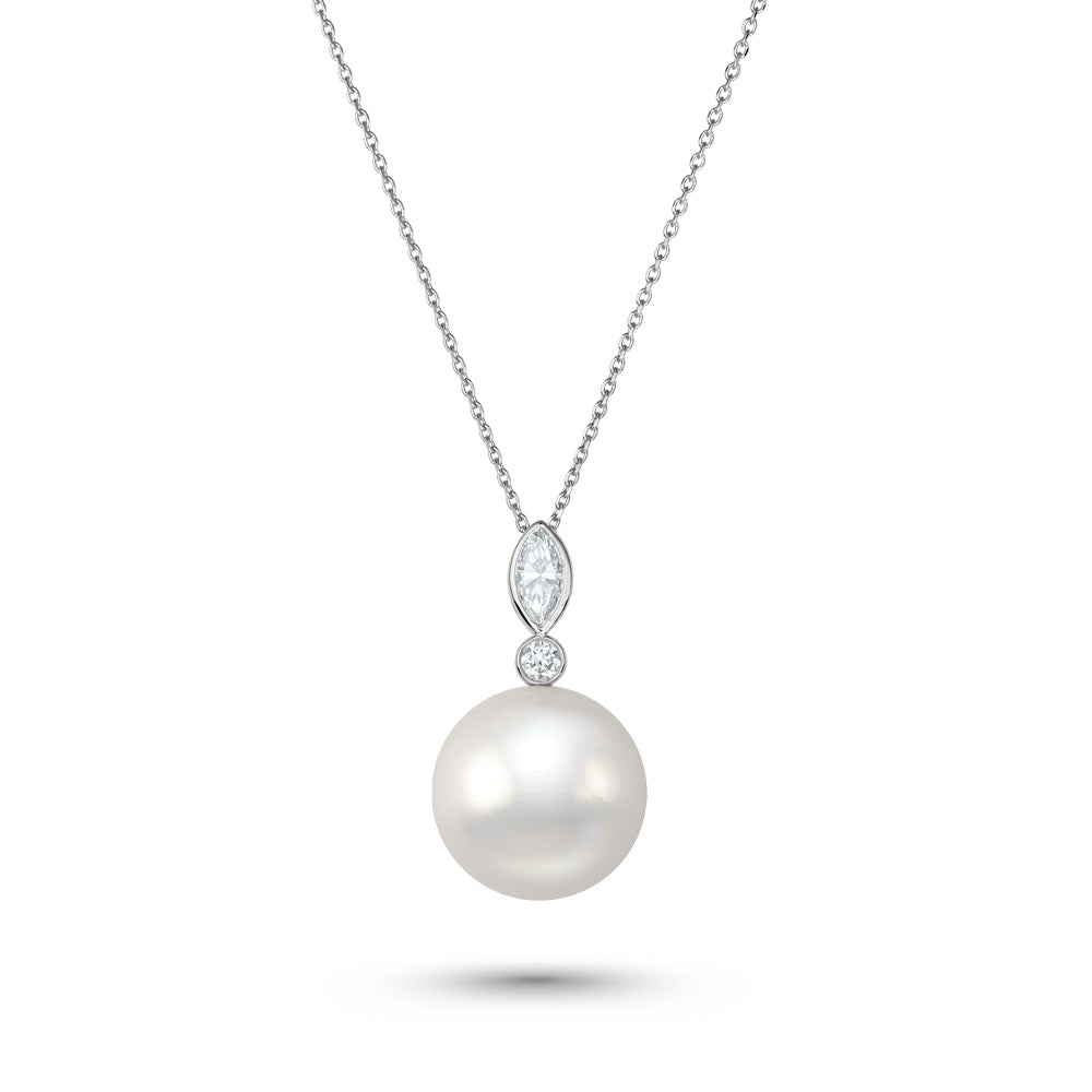 Canadian made 14 k 18 k white gold Akoya pearl pendant accent by marquise and round diamond Carati jewelry montreal
