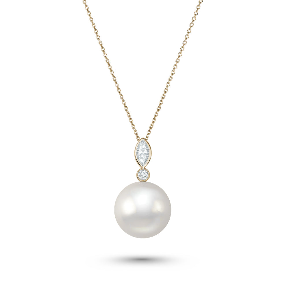 Canadian made 14 k 18 k yellow gold Akoya pearl pendant accent by marquise and round diamond Carati jewelry montreal