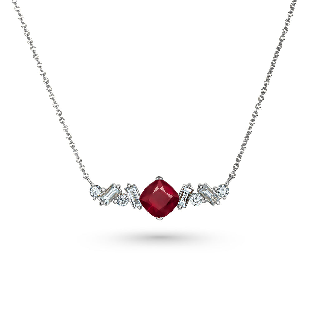 18 k white gold Cascade Pendant Centered A Cushion Ruby With Baguettes And Round Diamonds Carati jewelry montreal