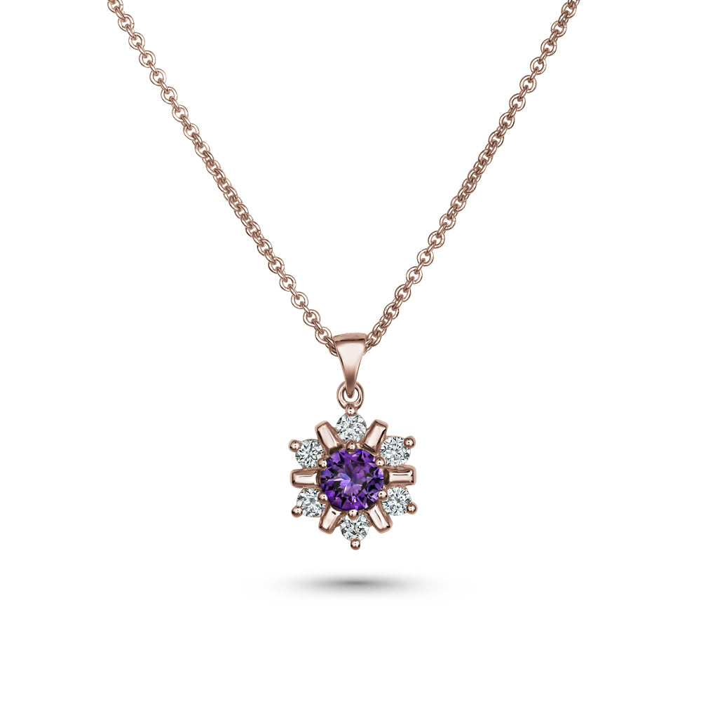 18k rose gold snowflake pendant with purple sapphire in the middle and  set around  in diamonds carati jewelry montreal