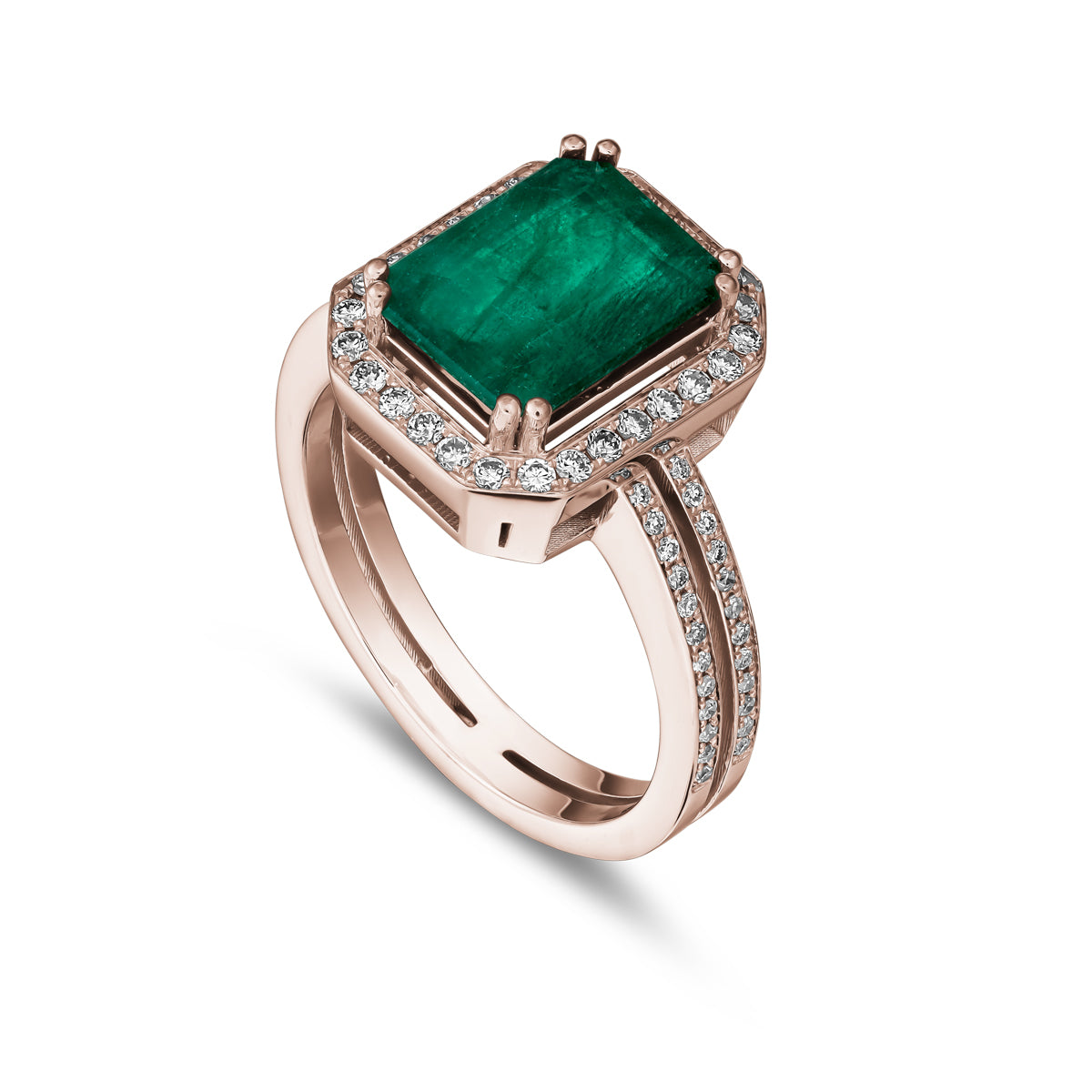 An emerald cut diamond engagement ring with parallel shank and smaller diamonds around it, set in a likely white gold or platinum band designed ny carati jewelry in 14 k 18 k 