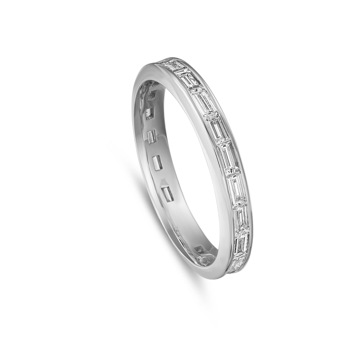 One Love Wedding Band set with all around baguette diamonds is designed by carati jewelry in Montreal Canada in 18k 14k