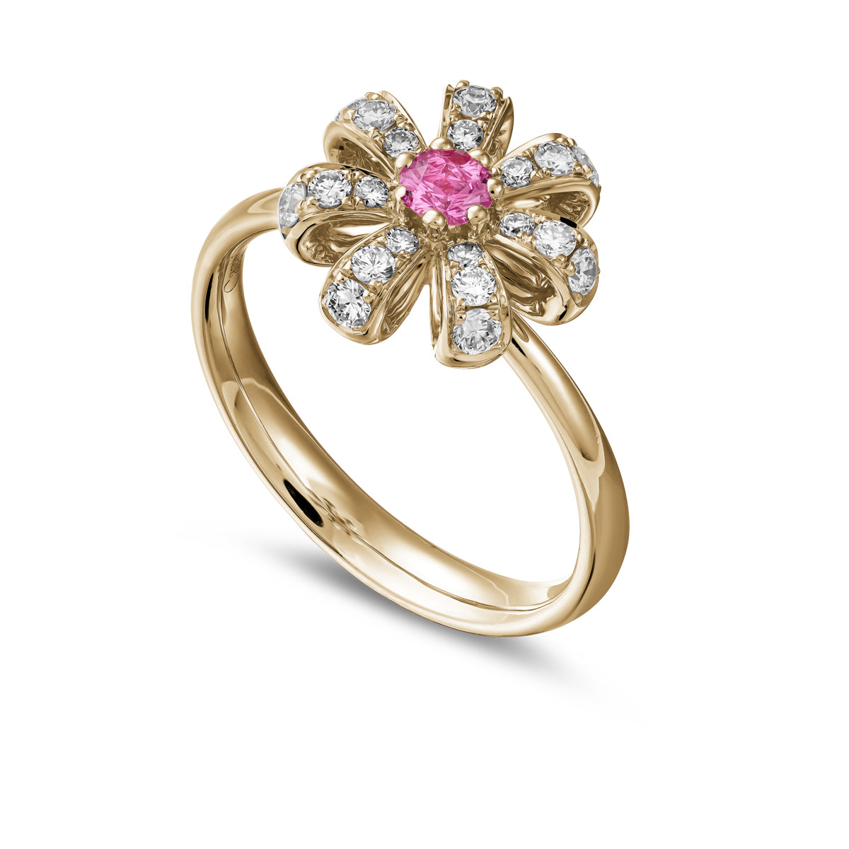 Fiora Ring set in pave Diamonds and a Sparkling Pink Sapphire in the middle is iconic design from carati jewelry in montreal canada in 1k 14 k