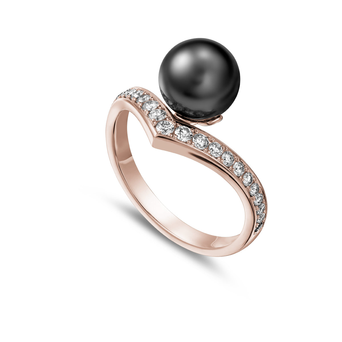 Dreamer ring with natural Tahitian pearl set in pave diamonds is designed by carati jewelry in Montreal Canada in 18k 
