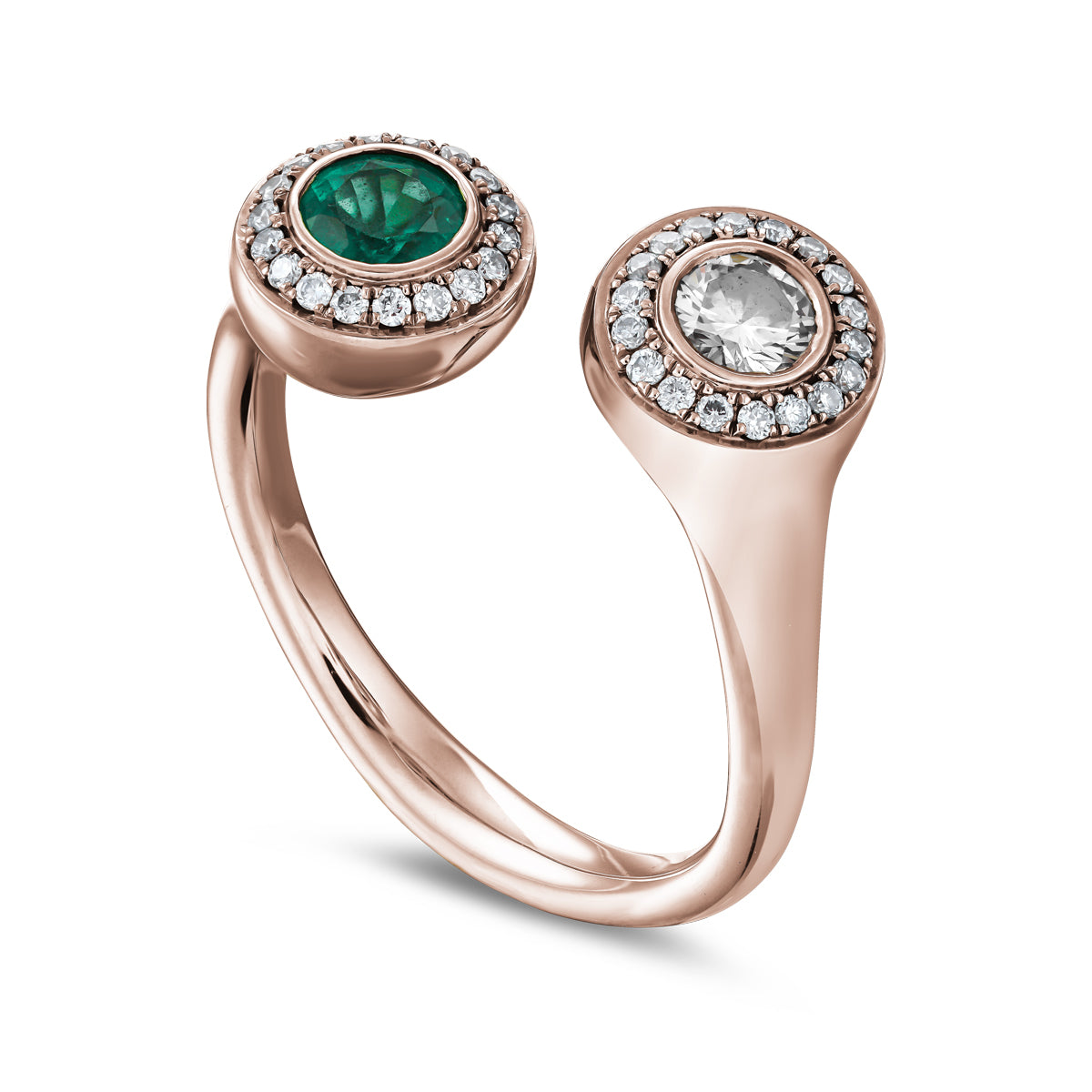 Toi et moi with two round centers in emerald and diamond with pave set all around designed by carati jewelry in montreal canada in 18 k 14 k