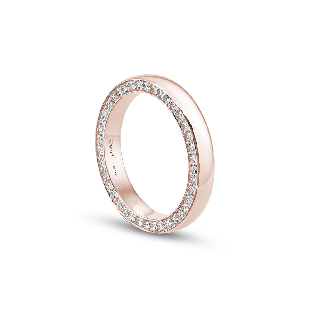 14 k rose gold wedding band with diamonds on both sides in pave setting designed by carati jewelry montreal