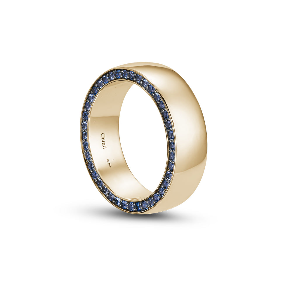 14 and 18 k wedding band in yellow gold with pave set in blue sapphires
 designed by carati jewelry montreal