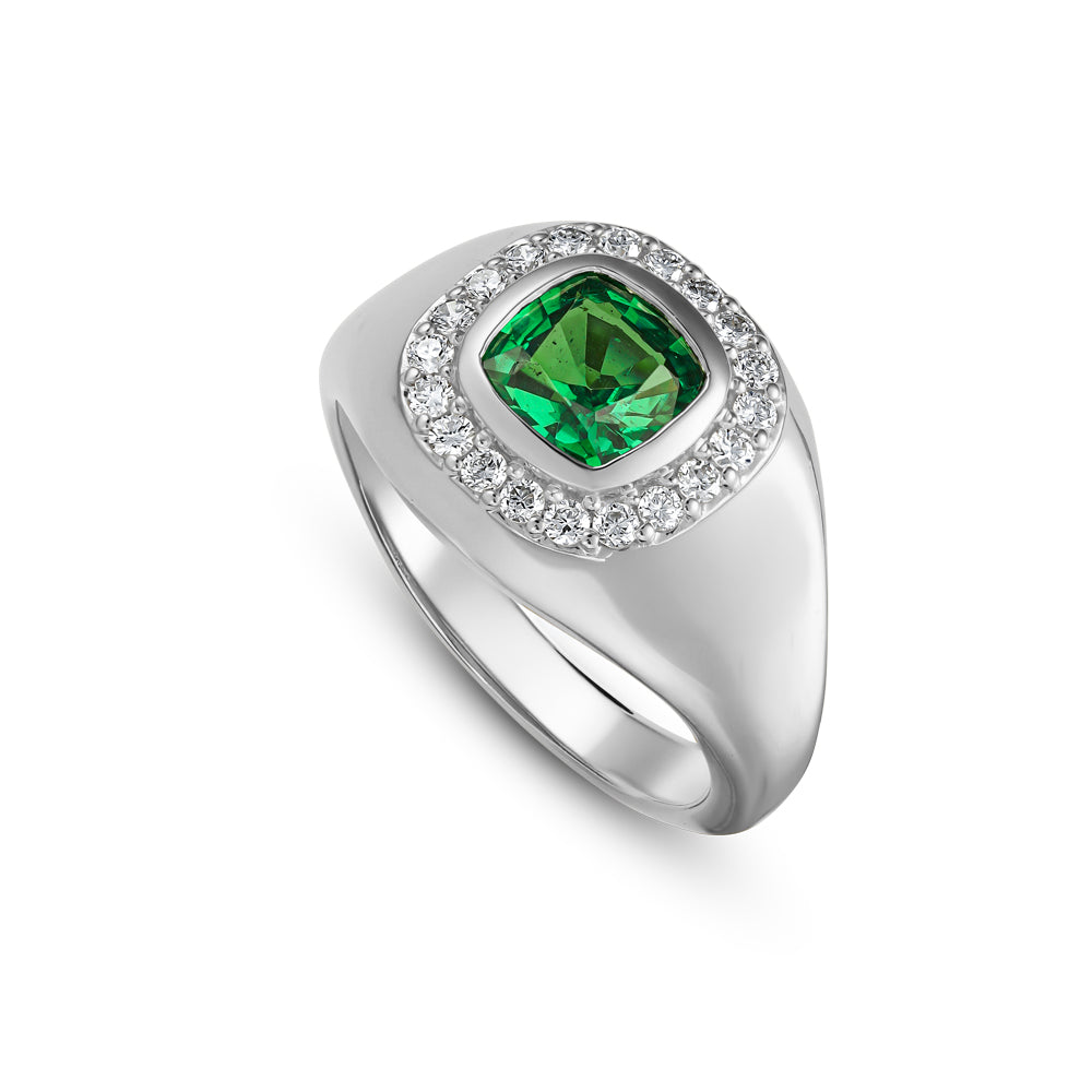 14k and 18 k white gold  cushion tsavorite with diamond halo in pinky ring Carati Jewelry Montreal