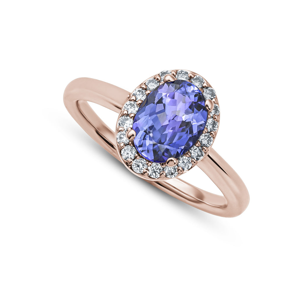 14k and 18k rose gold oval tanzanite and halo set in diamonds carati jewelry montreal