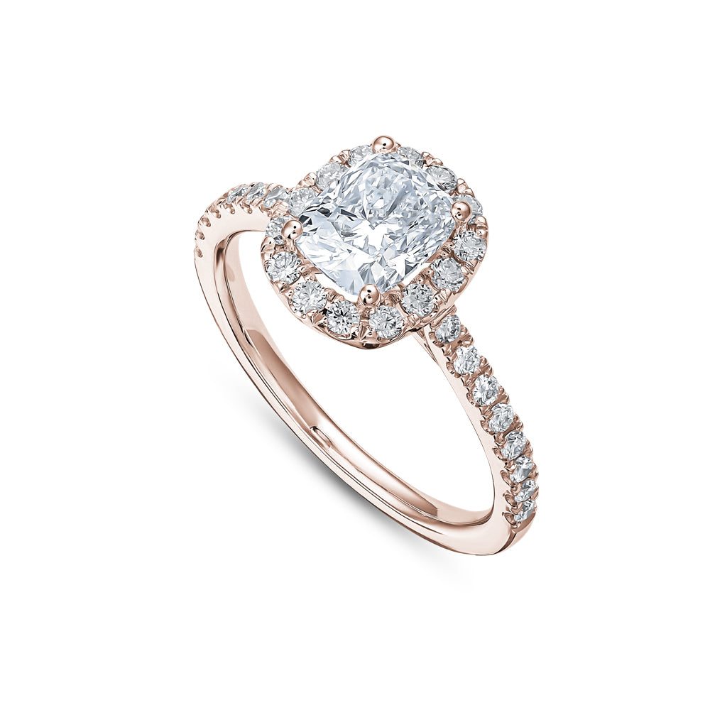 14 k rose gold Cushion Engagement Ring With Diamonds on Halo And Shank carati jewelry montreal