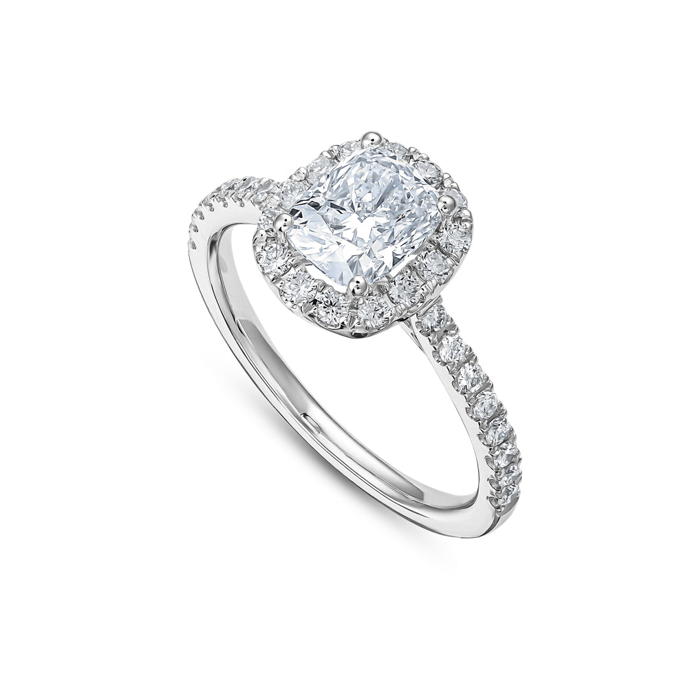 14 k white gold Cushion Engagement Ring With Diamonds on Halo And Shank carati jewelry montreal