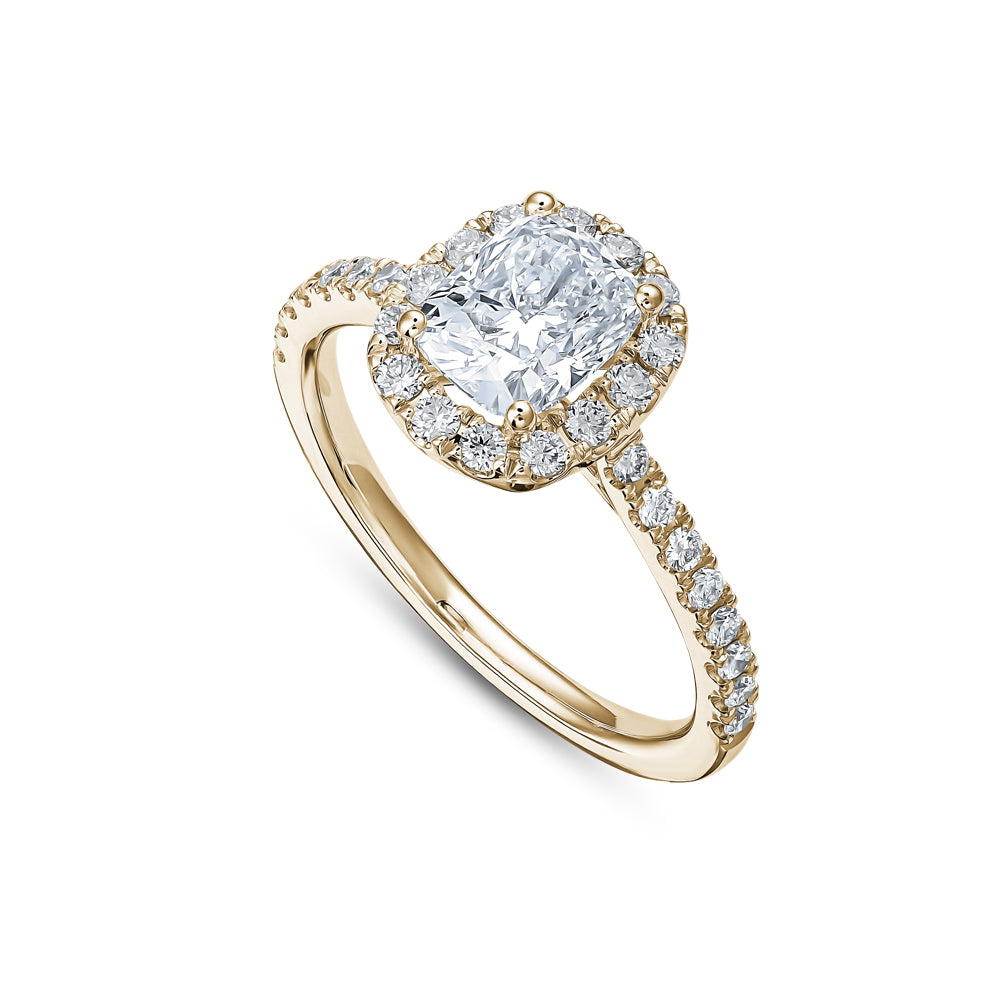 14 k yellow gold Cushion Engagement Ring With Diamonds on Halo And Shank carati jewelry montreal