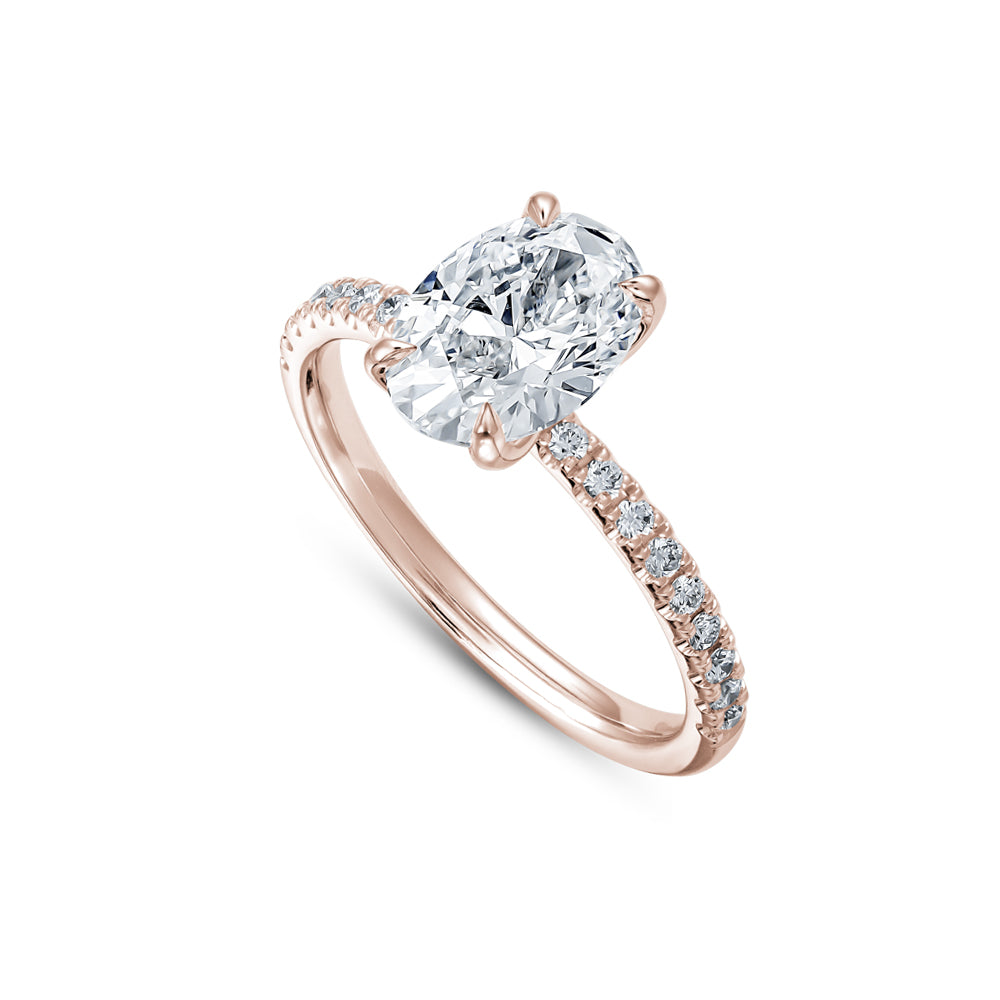 14 k rose gold Oval Engagement Ring Set In Petal Prongs And Side Pave carati jewelry montreal