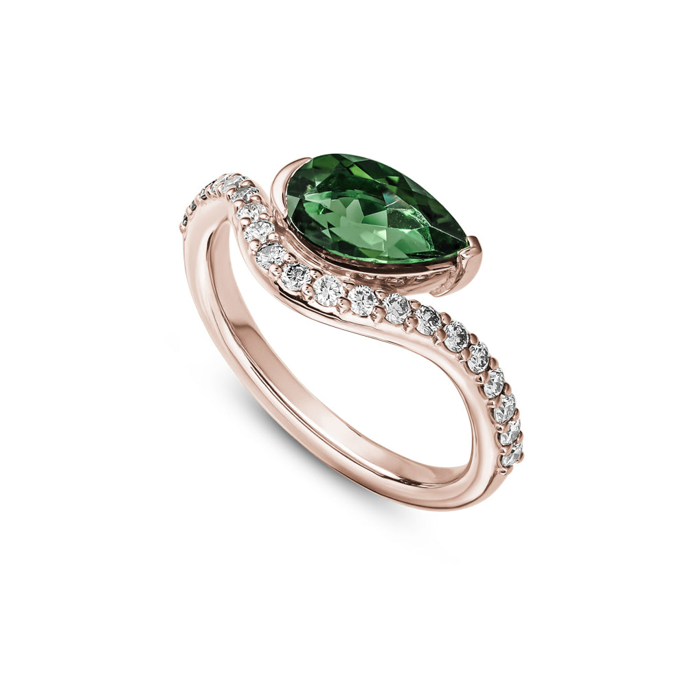 14k and 18k rose gold pear tourmaline set on wavy diamond shank carati jewelry monteal