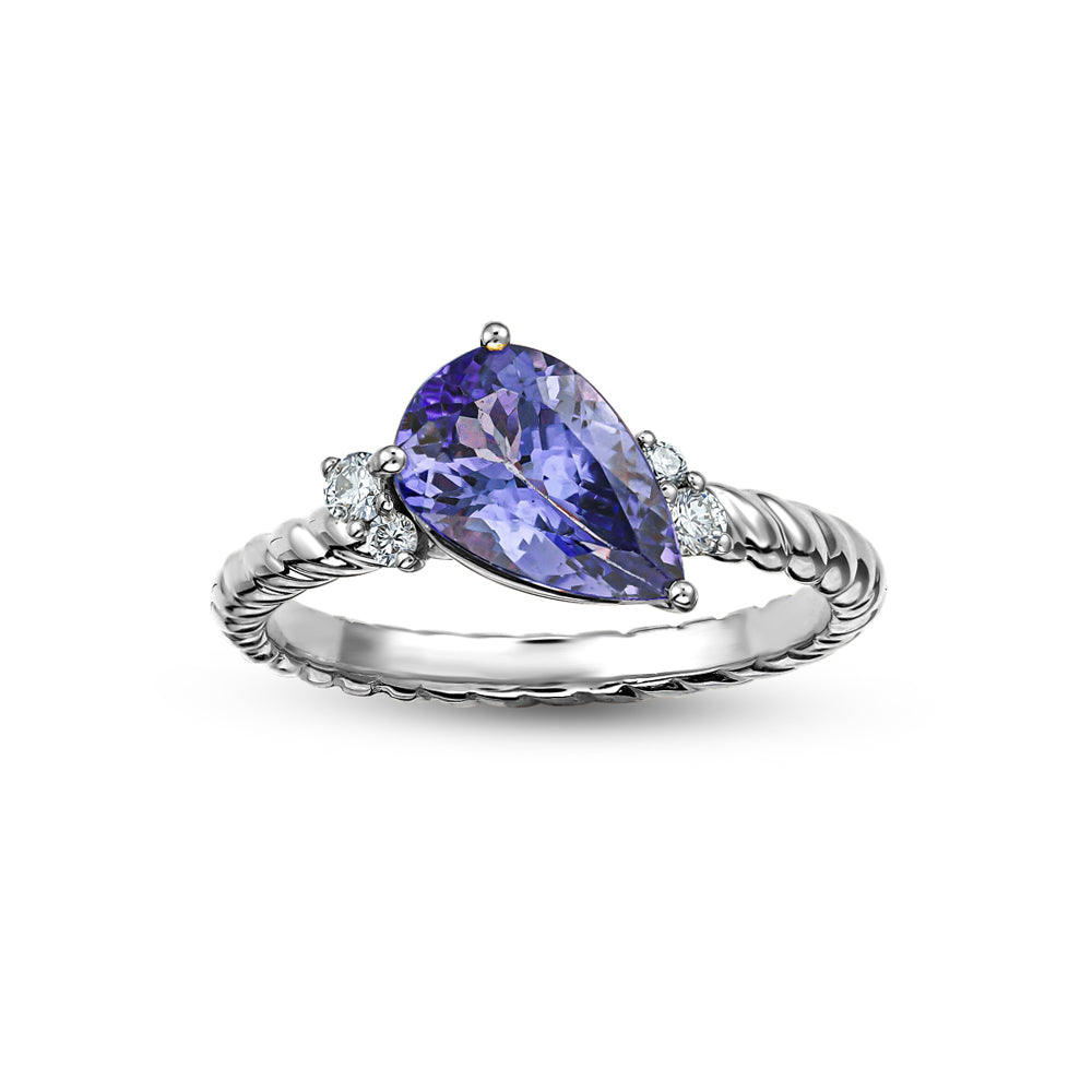 18K WHITE GOLD Pear Tanzanite Gem Set On Twisted Shank With Sparkling Diamonds Carati jewelry montreal