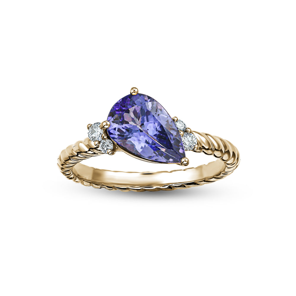 18K yellow GOLD Pear Tanzanite Gem Set On Twisted Shank With Sparkling Diamonds Carati jewelry montreal