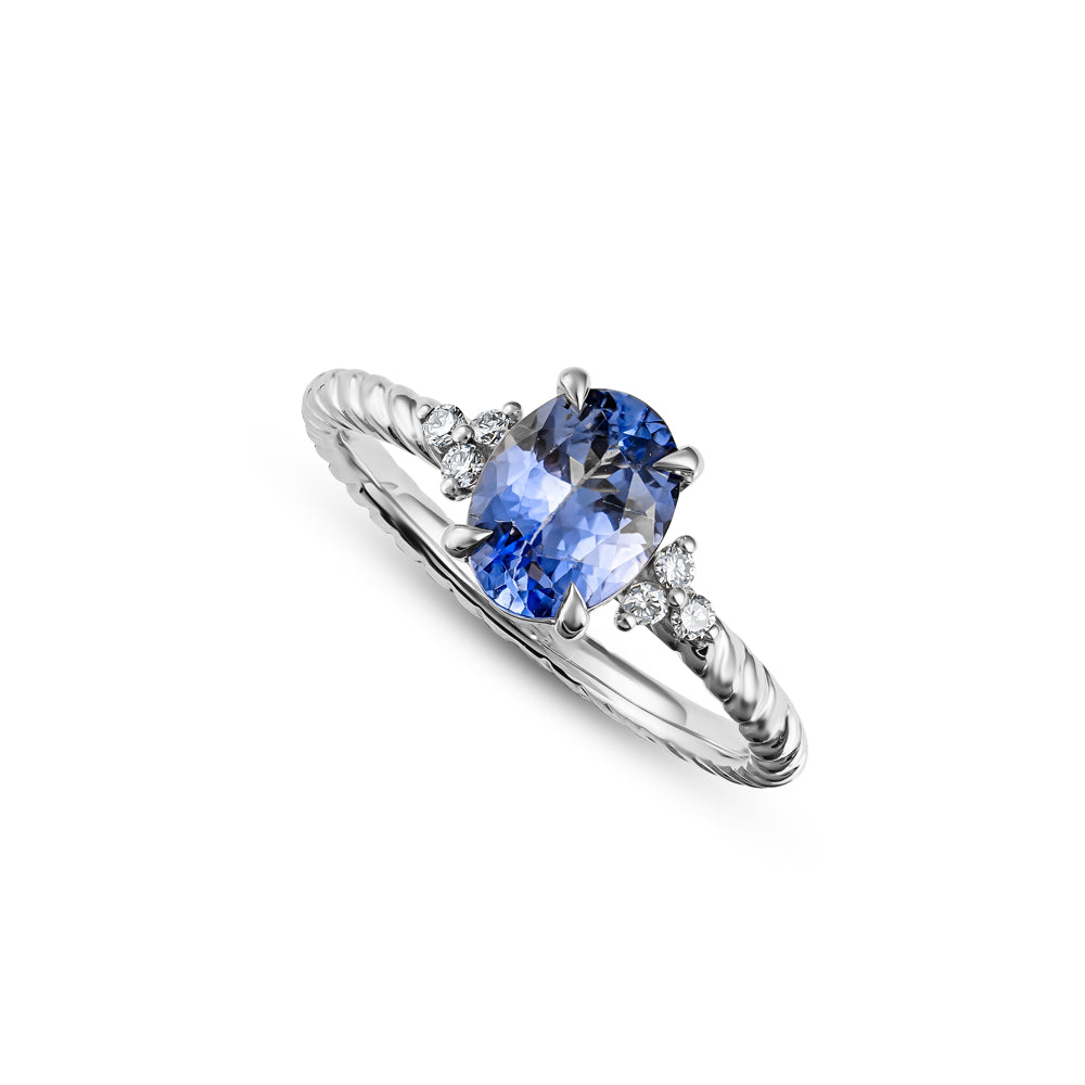 18K WHITE GOLD Oval Tanzanite Gem Set On Twisted Shank With 3 side Sparkling Diamonds Carati jewelry montreal