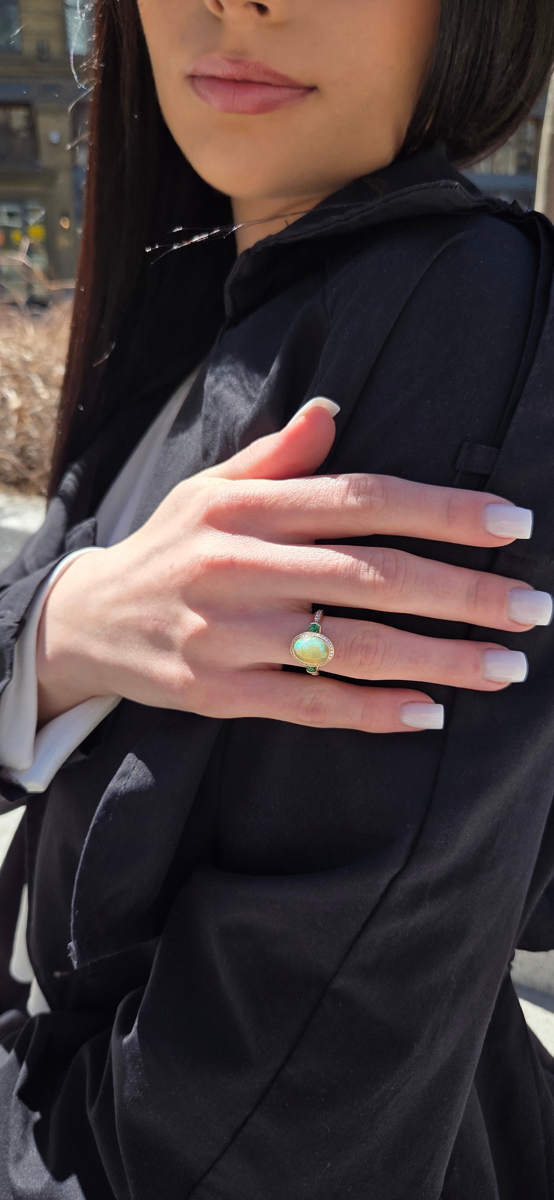 Royal Harmony Ring in Natural Opal with Tsavorite Sides