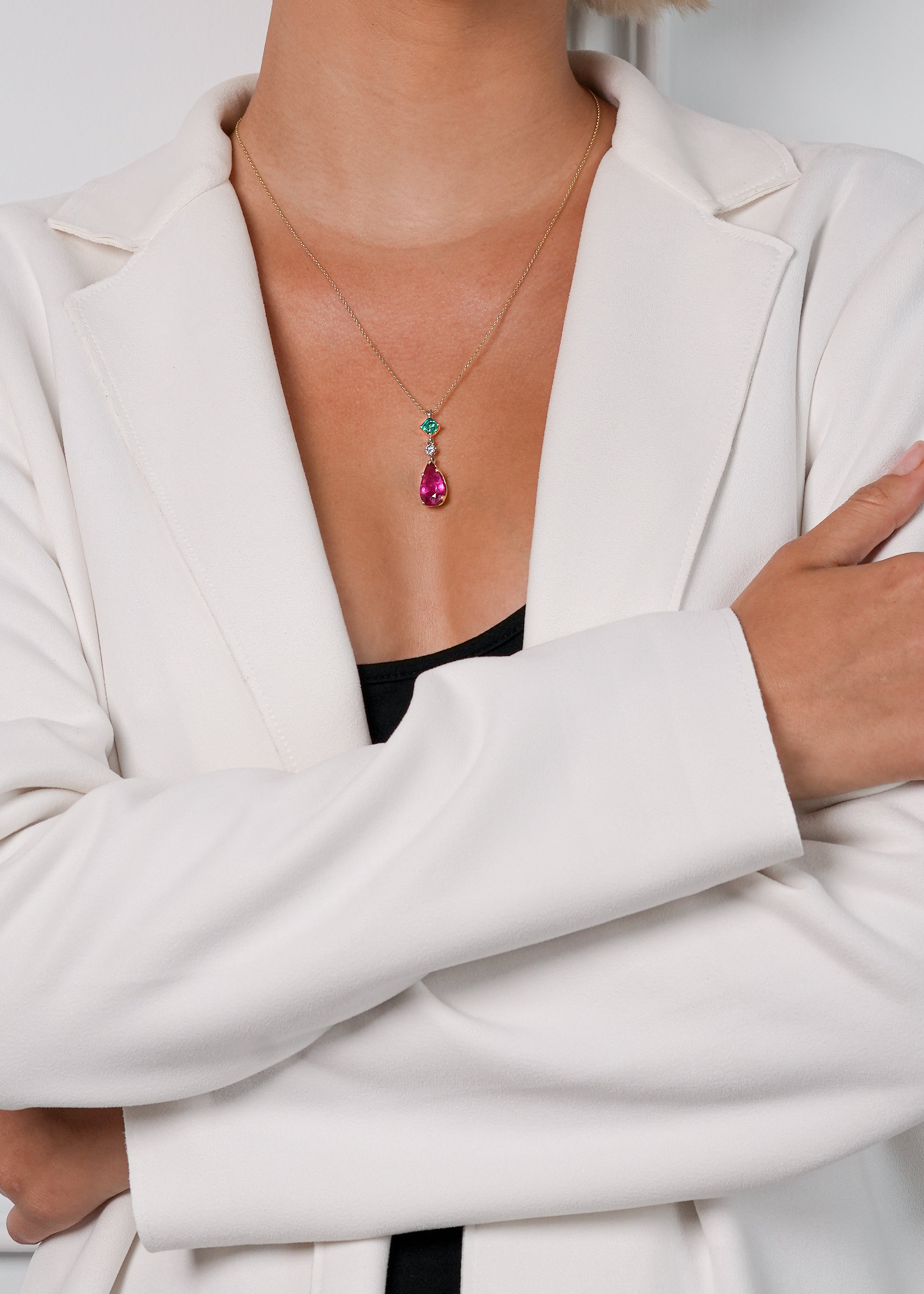 Aurora Rouge Pendant In Two Tone Set With Tourmaline And Emerald